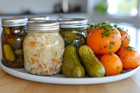 Homemade fermented vegetables on white plate - pickled cucumbers, sauerkraut in glass jars and marinated tomatoes with herbs for healthy gut microbiome.