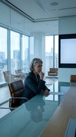 Middle-aged woman in dark business suit sitting at glass conference table in modern high-rise office with city skyline views, contemplative expression, professional corporate environment.