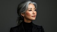 Elegant mature Asian woman with silver hair wearing black turtleneck and blazer against dark background, portraying confidence and sophistication.