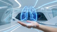 Futuristic medical hologram of human lungs floating above open palm in high-tech laboratory environment with glowing blue digital interface elements.
