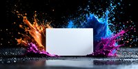 White blank card with colorful liquid paint splashes in orange, blue and purple on dark background with water drops and dramatic lighting effects.