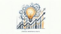 Strategic innovation and growth concept with glowing lightbulb, mechanical gears and upward trending arrow chart on light background for business presentations.