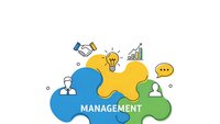Business management concept with puzzle pieces, lightbulb, handshake, growth chart and team icons on colorful abstract background for corporate strategy.