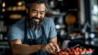 Mature Asian chef with gray beard wearing apron prepares fresh cherry tomatoes in restaurant kitchen, displaying genuine joy while cooking fresh ingredients.