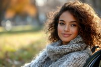 Young woman with curly hair wearing cozy gray knit scarf smiling outdoors in autumn sunlight with natural bokeh background and warm golden tones.