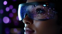 Young woman wearing futuristic visor glasses with digital particles and purple bokeh lights reflecting in lens, side profile view showing technology innovation.