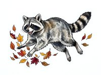 Raccoon playing with falling autumn leaves isolated on white background, suitable for seasonal designs, children's illustrations, and fall-themed projects.