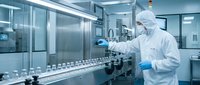 Scientist in protective suit working with laboratory equipment in sterile pharmaceutical manufacturing facility for drug development and quality control.
