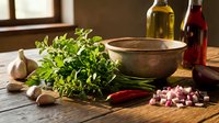 Fresh herbs and vegetables on rustic wooden table with cooking bowl and oil bottles for culinary preparation and healthy meal planning.