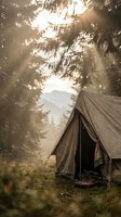 Camping tent in misty forest with sunlight rays filtering through pine trees creating atmospheric outdoor adventure scene for wilderness exploration.