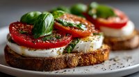Fresh Caprese toast with sliced tomatoes, mozzarella cheese, and basil leaves on rustic bread, drizzled with olive oil and seasoned with herbs.