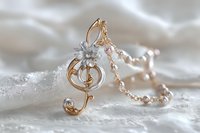 Golden treble clef pendant with delicate flower and pearl chain necklace on soft white lace background, elegant musical jewelry accessory for musicians.