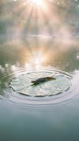 Lotus leaf floating on calm water surface with sunlight rays creating peaceful zen atmosphere and gentle ripples for meditation and wellness concepts.