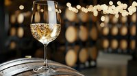 Glass of white wine on wooden barrel in winery cellar with blurred wine barrels and soft lights in background creating romantic atmosphere.