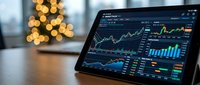 Stock market analysis dashboard displayed on tablet with financial charts and trading data, blurred holiday lights in background, suitable for finance, investment, and business applications.