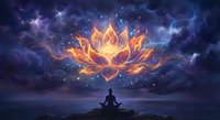 Glowing lotus flower with fiery petals floating above meditating silhouette against cosmic starry sky background for spiritual wellness and mindfulness concepts.