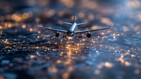 Commercial passenger aircraft flying low over illuminated city at dusk, creative tilt-shift effect creates miniature look with bokeh lights below.