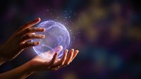 Hands holding glowing purple energy sphere with magical particles and light effects, representing mystical power, spirituality, and futuristic technology for design projects.