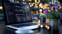 Laptop displaying financial trading charts and programming code with blurred bokeh lights background and succulent plant decoration. Modern workspace setup.