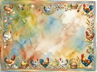 Watercolor farm border with roosters, hens, baskets, and floral ornaments surrounding soft pastel center space. Vintage farmhouse design for invitations, cards, and rustic projects.