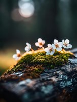 Delicate white cherry blossoms growing on moss-covered tree bark in soft natural light, creating atmospheric spring scene with dreamy bokeh background.