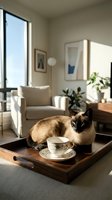 Siamese cat resting on wooden tray with teacup in modern living room with armchair, plants, and natural light from large window. Interior design.