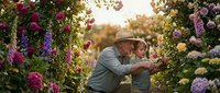 Grandfather and grandson bonding while gardening together among colorful flowers during golden hour sunset, teaching family traditions and outdoor activities.