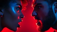 Young African American woman and Caucasian bearded man face to face in dramatic red and blue neon lighting creating intense contrast and mood for relationship concept.