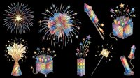 Colorful fireworks and pyrotechnics clipart set isolated on transparent background, ready for T-shirts, stickers, print on demand, and celebration designs.
