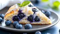 Fresh blueberry scone with juicy berries and mint garnish on gray plate, close up view showing flaky texture and golden crust, surrounded by fresh berries.