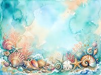 Watercolor seashells and coral frame with turquoise ocean background for marine themed designs and coastal decorations.