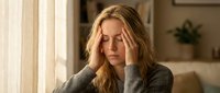 Stressed blonde woman holding head in hands experiencing headache or migraine in cozy home interior with natural lighting for wellness concepts.
