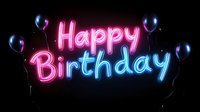 Glowing pink neon happy birthday sign with floating purple and blue balloons against dark background creates festive celebration atmosphere.