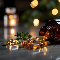 Omega-3 fish oil capsules spilling from brown glass bottle on wooden surface with bokeh lights and green herb leaf, natural supplement concept.