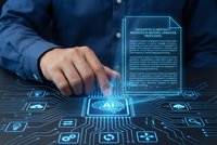 Businessman touching holographic AI interface with digital circuit patterns and futuristic technology elements for artificial intelligence concepts.