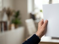 Close-up of male hand holding blank white paper sheet in modern office workspace with blurred background, suitable for mockup and presentation designs.
