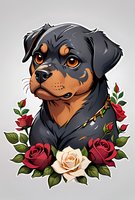Rottweiler puppy portrait surrounded by red and white roses on gray background. Decorative art style with detailed fur texture and floral elements. Suitable for tattoo design.