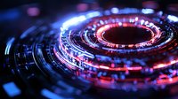 Futuristic circular technology pattern with glowing red and blue neon lights against dark background creates dynamic digital visualization effect.