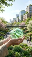 Hand holding glowing green energy orb above urban park with blooming trees, bridge, and city skyline. Concept for renewable energy, sustainability, and eco-friendly technology solutions.