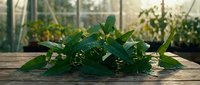 Young seedlings with water droplets growing in greenhouse nursery environment, ready for transplanting or commercial cultivation.