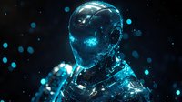 Glowing cyan humanoid figure emerging from darkness with luminescent particles and digital effects, creating futuristic sci-fi atmosphere against black background.