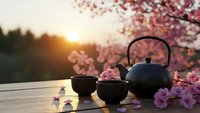 Traditional Japanese tea ceremony set with black teapot and cups on wooden table during cherry blossom season at golden hour sunset for meditation and wellness.