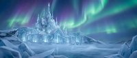 Frozen ice castle palace with crystal spires under vibrant aurora borealis northern lights in arctic winter landscape for fantasy storytelling.