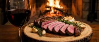 Sliced medium-rare steak with fresh rosemary on wooden board, red wine glass, fireplace background. Fine dining, restaurant, gourmet meat presentation.