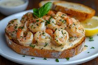 Succulent garlic shrimp on toasted bread with creamy sauce, fresh herbs, and lemon garnish served on white plate, close-up view of seafood appetizer.