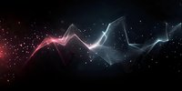 Abstract digital wave visualization with glowing red and blue light effects against dark background, dynamic flowing energy lines and particles in motion.