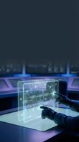 Hands interacting with holographic display showing network diagram and data visualization in modern tech workspace with blue neon lighting.