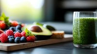 Fresh berries, avocado and green smoothie on wooden board. Healthy breakfast ingredients with raspberries, blueberries and detox drink for wellness diet.