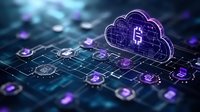 Cloud computing network with glowing cryptocurrency bitcoin symbol and connected nodes in purple neon lights on dark digital circuit background.