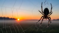 Spider silhouette on web at golden hour sunrise with dewdrops, nature macro photography concept for outdoor wildlife and arachnid behavior studies.